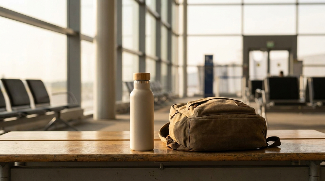 Reisrugzak met navulbare waterfles op een houten bankje in een luchthaventerminal