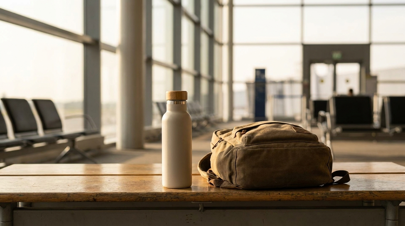 Reisrugzak met navulbare waterfles op een houten bankje in een luchthaventerminal