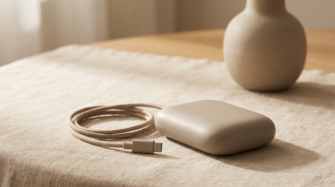 Klein oplaadbaar apparaat aangesloten op een USB-oplaadkabel
